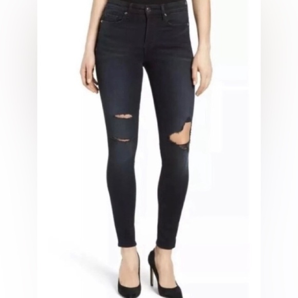 Good American Good Legs High Waisted Jean Sz 6 Dark Blue Stretch Slim Distressed - Picture 1 of 9